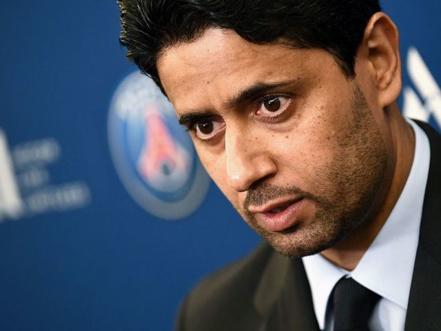 Paris Saint-Germain's Qatari president Nasser Al-Khelaifi answers to the press during a press conference to annonce new shirt sponsorship deal with the French multinational Accor at the Parc des Princes stadium in Paris on February 22, 2019. - PSG will wear on their shirts the logo of ALL, the loyalty program of Accor, one of the largest hotel chains in the world and whose headquarters are located just outside Paris.