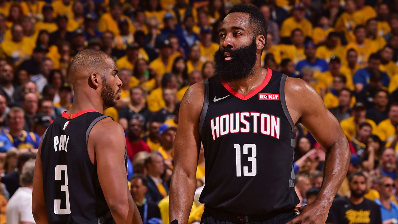 OAKLAND, CA - MAY 8: Chris Paul #3 and James Harden #13 of the Houston Rockets look on during Game Five of the Western Conference Semifinals of the 2019 NBA Playoffs on May 8, 2019 at ORACLE Arena in Oakland, California. NOTE TO USER: User expressly acknowledges and agrees that, by downloading and/or using this photograph, user is consenting to the terms and conditions of Getty Images License Agreement. Mandatory Copyright Notice: Copyright 2019 NBAE