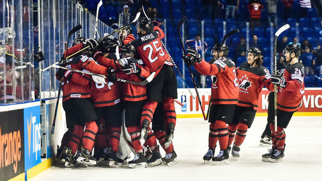 KOSICE, SLOVAKIA - MAY 23: Team Canada celebrates goal scored by Mark Stone #61 of Canada during the 2019 IIHF Ice Hockey World Championship Slovakia quarter final game between Canada and Switzerland at Steel Arena on May 23, 2019 in Kosice, Slovakia.
