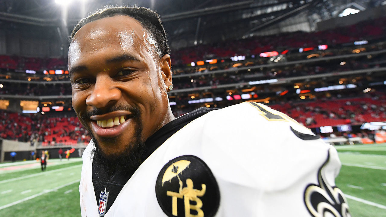 ATLANTA, GA - SEPTEMBER 23: Ted Ginn Jr. #19 of the New Orleans Saints celebrates after the game against the Atlanta Falcons at Mercedes-Benz Stadium on September 23, 2018 in Atlanta, Georgia.