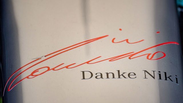 The signature of late Formula One legend and non-executive chairman at Mercedes F1, Niki Lauda (1949-2019) and the lettering 'Thank you Niki' are seen on the nose cone of a Mercedes F1 car during a practice session at the Monaco street circuit on May 23, 2019 in Monaco, ahead of the Monaco Formula 1 Grand Prix. - Poignant tributes to Niki Lauda, including a solitary red baseball cap left hanging on his earphones peg, were all around the Mercedes team motorhome and their cars on early May 23 as practice began for the Monaco Grand Prix. Lauda died at the University Hospital Zurich in Switzerland on late May 20, 2019 surrounded by his closest family members.