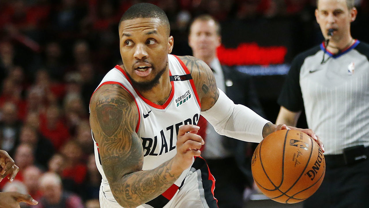 PORTLAND, OREGON - MAY 20: Damian Lillard #0 of the Portland Trail Blazers dribbles during the second half against the Golden State Warriors in game four of the NBA Western Conference Finals at Moda Center on May 20, 2019 in Portland, Oregon.