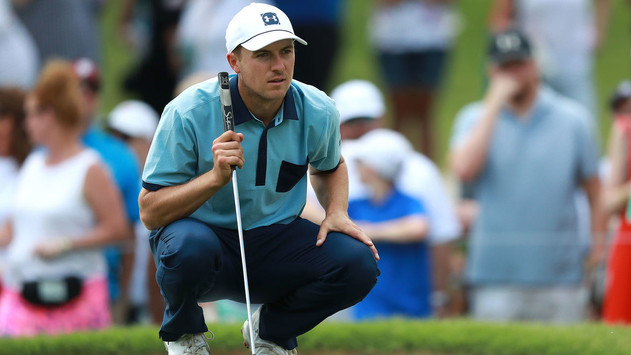FORT WORTH, TEXAS - MAY 23: Jordan Spieth of the United States looks over a putt on the fifth green during the first round of the Charles Schwab Challenge at Colonial Country Club on May 23, 2019 in Fort Worth, Texas.