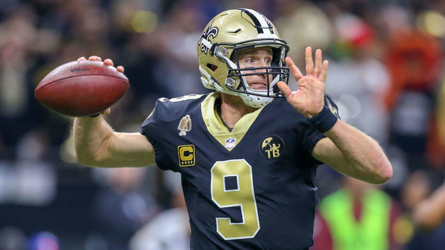 NEW ORLEANS, LA - JANUARY 20: New Orleans Saints quarterback Drew Brees (9) drops back to throw the ball during the NFC Championship Football game between the Los Angeles Rams and the New Orleans Saints on January 20, 2019 at the Mercedes-Benz Superdome in New Orleans, LA.