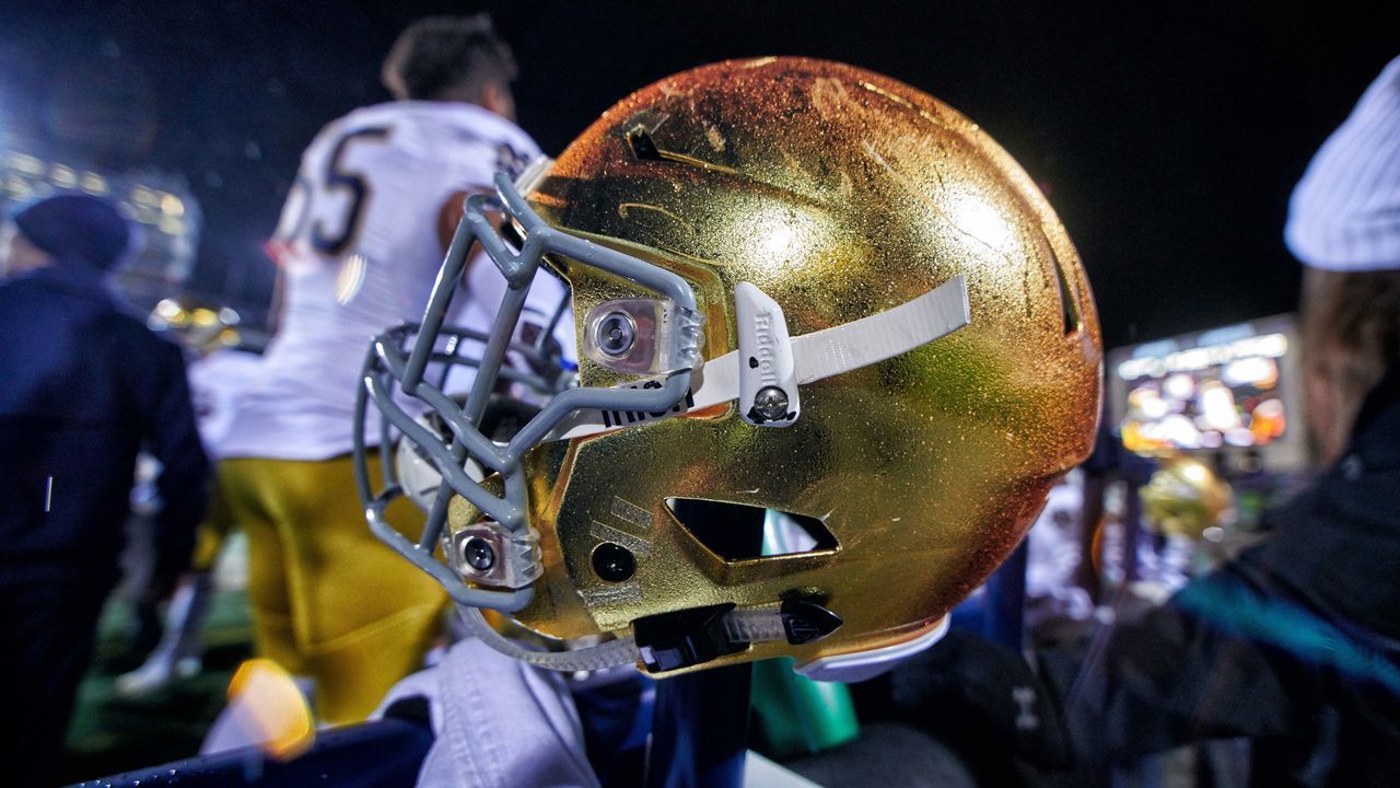 EVANSTON, IL - NOVEMBER 03: A detail view of a Notre Dame Fighting Irish helmet is seen on the bench in action during a football game between the Northwestern Wildcats and the Notre Dame Fighting Irish on November 3, 2018 at Ryan Field in Evanston, Illinois.