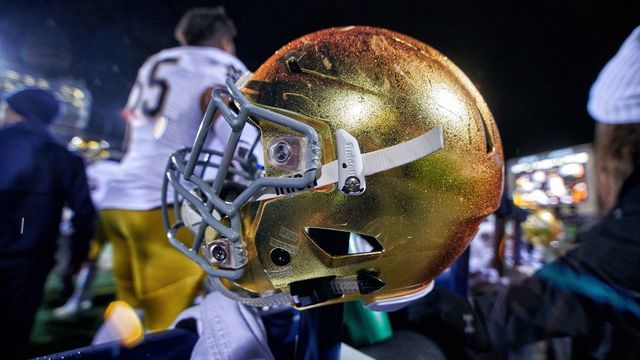 EVANSTON, IL - NOVEMBER 03: A detail view of a Notre Dame Fighting Irish helmet is seen on the bench in action during a football game between the Northwestern Wildcats and the Notre Dame Fighting Irish on November 3, 2018 at Ryan Field in Evanston, Illinois.