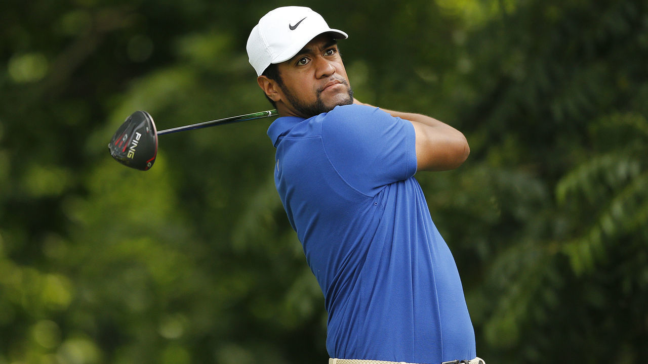 FORT WORTH, TEXAS - MAY 23: Tony Finau of the United States plays his shot from the sixth tee during the first round of the Charles Schwab Challenge at Colonial Country Club on May 23, 2019 in Fort Worth, Texas.