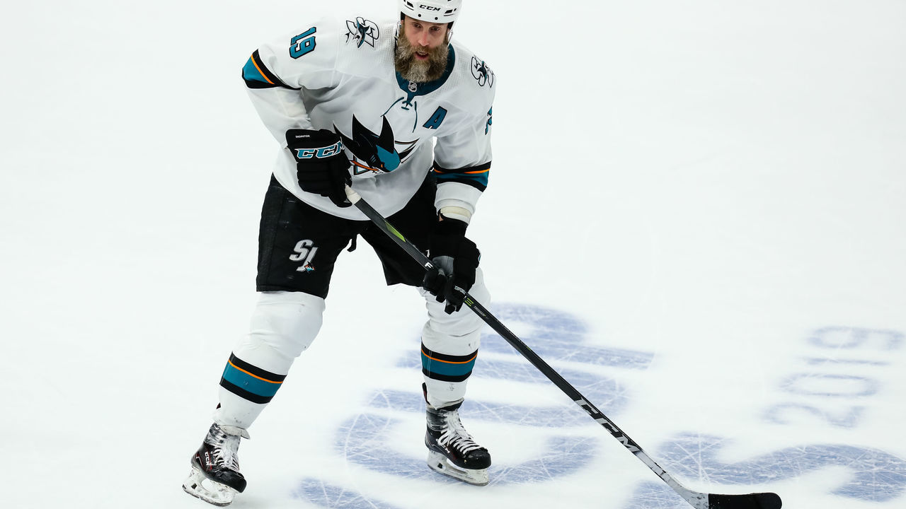 ST. LOUIS, MO - MAY 17: San Jose Sharks' Joe Thornton skates with the puck during the second period of Game 4 of the NHL hockey Stanley Cup Western Conference final series between the St. Louis Blues and the San Jose Sharks on May 17, 2019, at the Enterprise Center in St. Louis, MO.