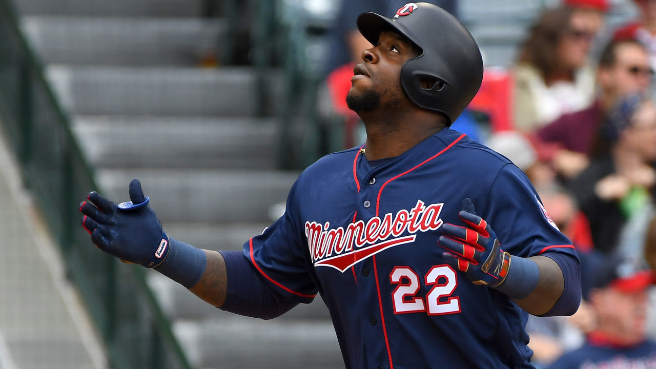 ANAHEIM, CA - MAY 23: Miguel Sano #22 of the Minnesota Twins crosses the plate after hitting a solo home run in the third inning against the Los Angeles Angels of Anaheim at Angel Stadium of Anaheim on May 23, 2019 in Anaheim, California.