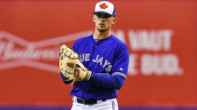 MONTREAL, QC - MARCH 25: Look on Toronto Blue Jays infielder Cavan Biggio (67) during the Milwaukee Brewers versus the Toronto Blue Jays spring training game on March 25, 2019, at Olympic Stadium in Montreal, QC