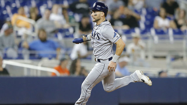 MIAMI, FLORIDA - MAY 14: Kevin Kiermaier #39 of the Tampa Bay Rays in action against the Miami Marlins at Marlins Park on May 14, 2019 in Miami, Florida.