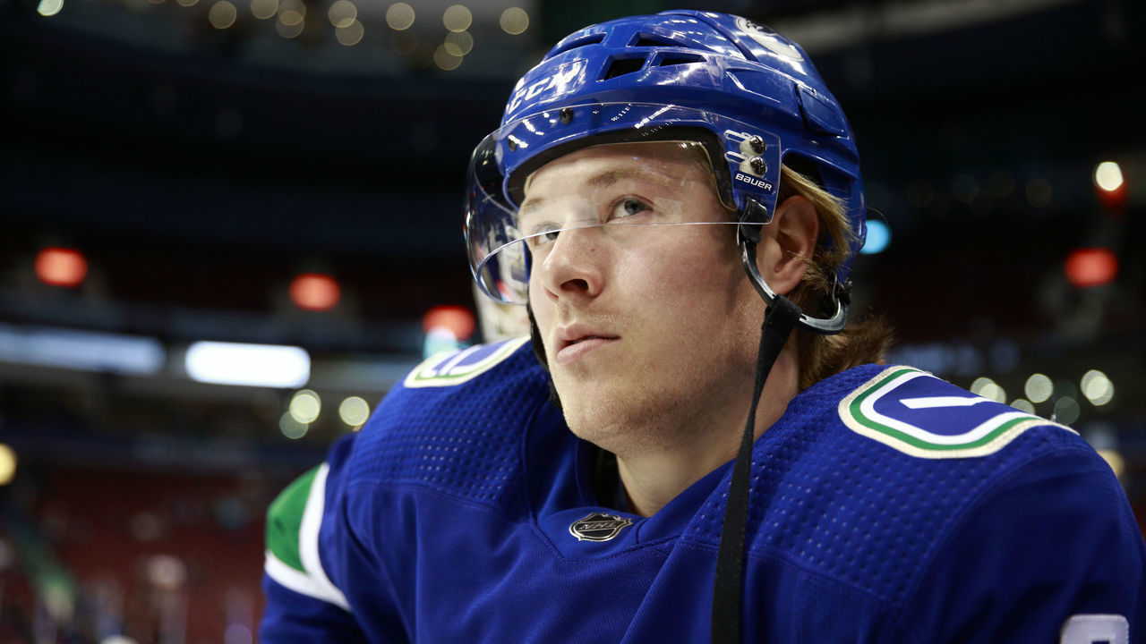 VANCOUVER, BC - MARCH 26: Brock Boeser #6 of the Vancouver Canucks looks on from the bench during their NHL game against the Anaheim Ducks at Rogers Arena March 26, 2019 in Vancouver, British Columbia, Canada. "n