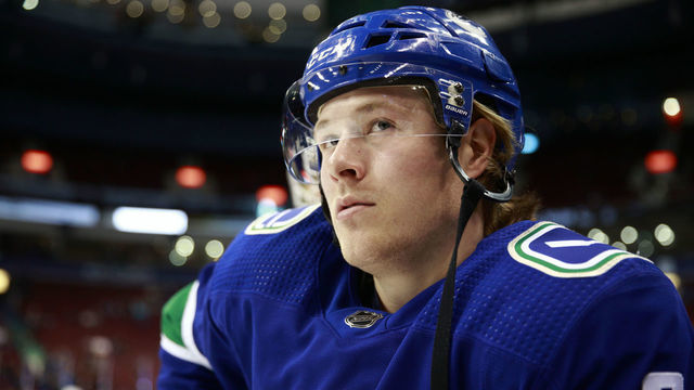 VANCOUVER, BC - MARCH 26: Brock Boeser #6 of the Vancouver Canucks looks on from the bench during their NHL game against the Anaheim Ducks at Rogers Arena March 26, 2019 in Vancouver, British Columbia, Canada. "n