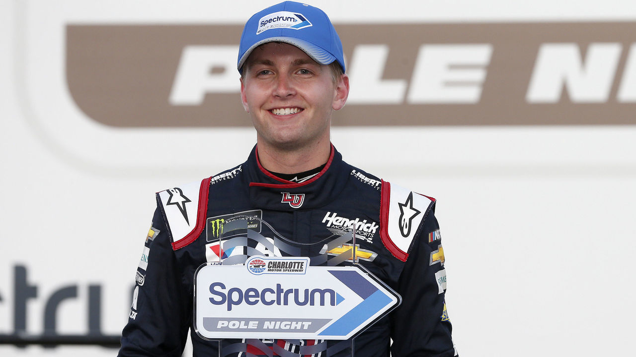 CHARLOTTE, NORTH CAROLINA - MAY 23: William Byron, driver of the #24 Liberty Patriotic Chevrolet, poses with the Pole Award after qualifying for the Monster Energy NASCAR Cup Series Open Race Coca-Cola 600 at Charlotte Motor Speedway on May 23, 2019 in Charlotte, North Carolina.