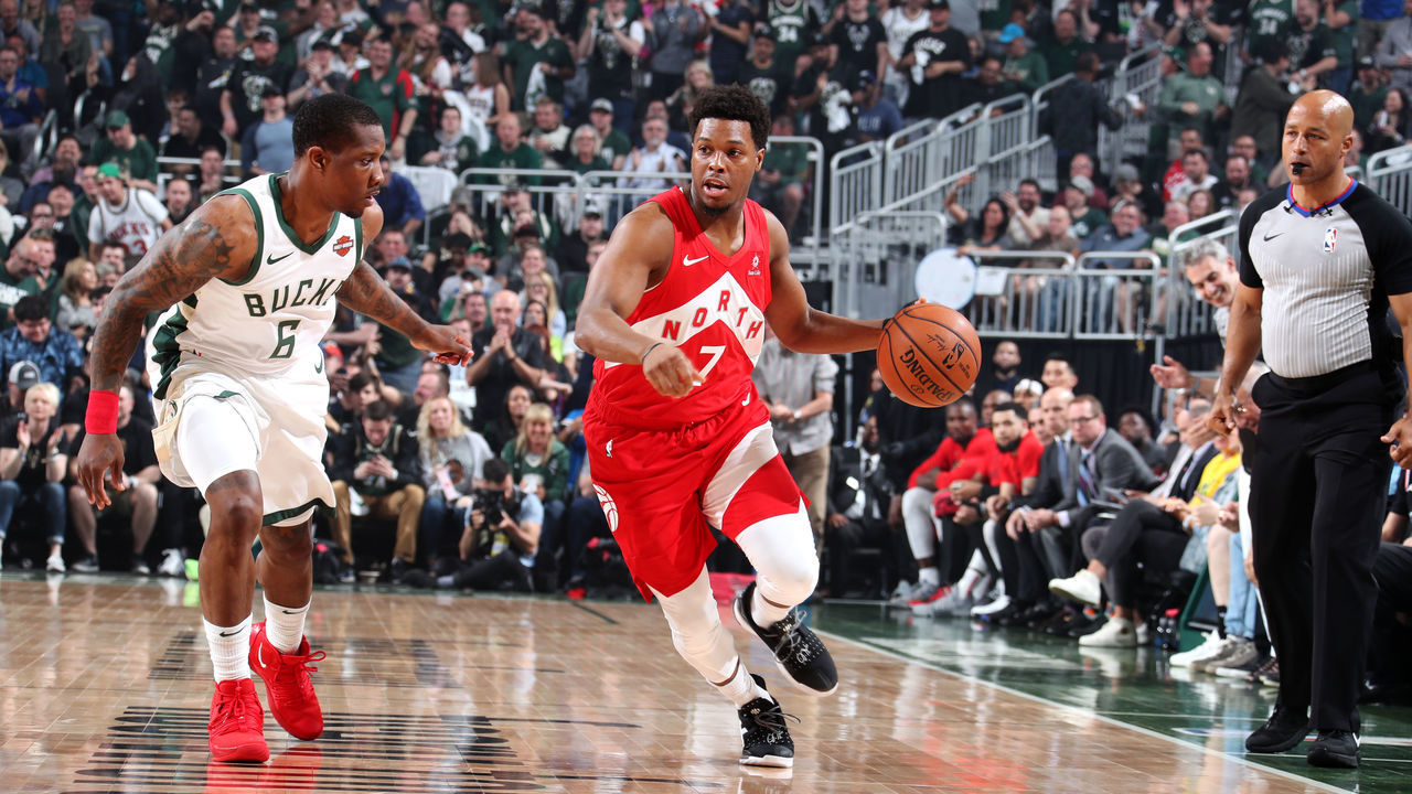 MILWAUKEE, WI - MAY 23: Kyle Lowry #7 of the Toronto Raptors handles the ball against the Milwaukee Bucks during Game Five of the Eastern Conference Finals of the 2019 NBA Playoffs on May 23, 2019 at the Fiserv Forum Center in Milwaukee, Wisconsin. Mandatory Copyright Notice: Copyright 2019 NBAE .