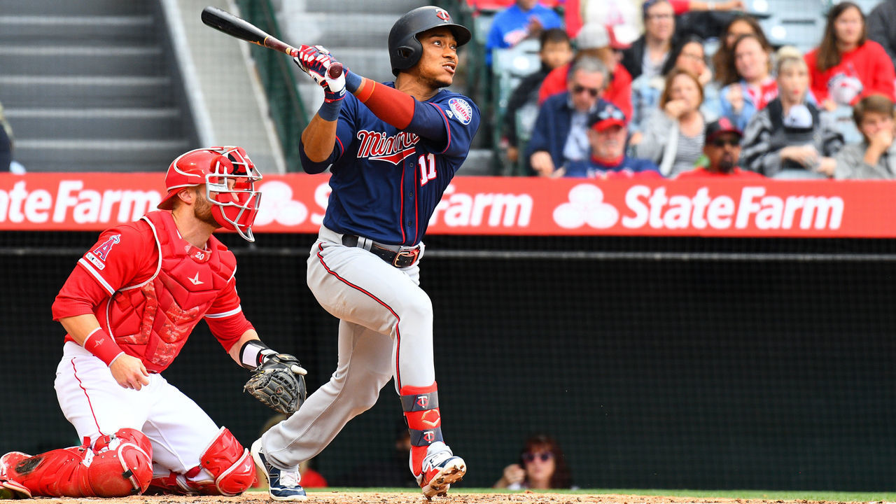 ANAHEIM, CA - MAY 23: Minnesota Twins shortstop Jorge Polanco (11) watches his home run during a MLB game between the Minnesota Twins and the Los Angeles Angels of Anaheim on May 23, 2019 at Angel Stadium of Anaheim in Anaheim, CA. (Photo by Brian Rothmuller/Icon Sportswire via Getty Images