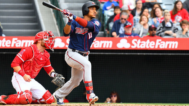 ANAHEIM, CA - MAY 23: Minnesota Twins shortstop Jorge Polanco (11) watches his home run during a MLB game between the Minnesota Twins and the Los Angeles Angels of Anaheim on May 23, 2019 at Angel Stadium of Anaheim in Anaheim, CA. (Photo by Brian Rothmuller/Icon Sportswire via Getty Images