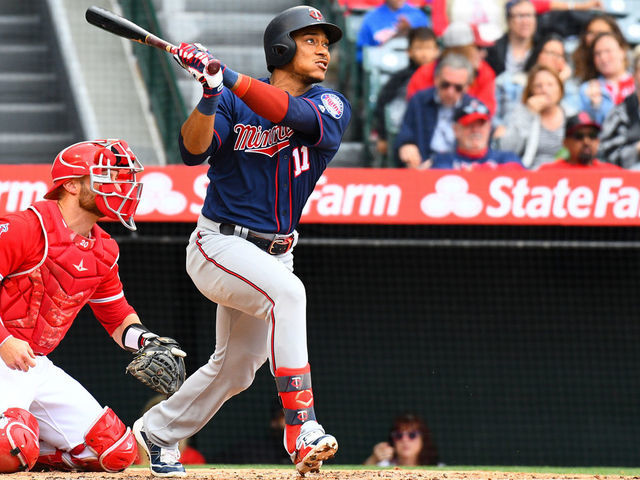 ANAHEIM, CA - MAY 23: Minnesota Twins shortstop Jorge Polanco (11) watches his home run during a MLB game between the Minnesota Twins and the Los Angeles Angels of Anaheim on May 23, 2019 at Angel Stadium of Anaheim in Anaheim, CA. (Photo by Brian Rothmuller/Icon Sportswire via Getty Images