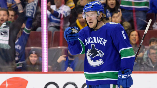 VANCOUVER, BC - MARCH 13: Vancouver Canucks Right Wing Brock Boeser (6) celebrates after scoring a goal during their NHL game against the New York Rangers at Rogers Arena on March 13, 2019 in Vancouver, British Columbia, Canada. Vancouver won 4-1.