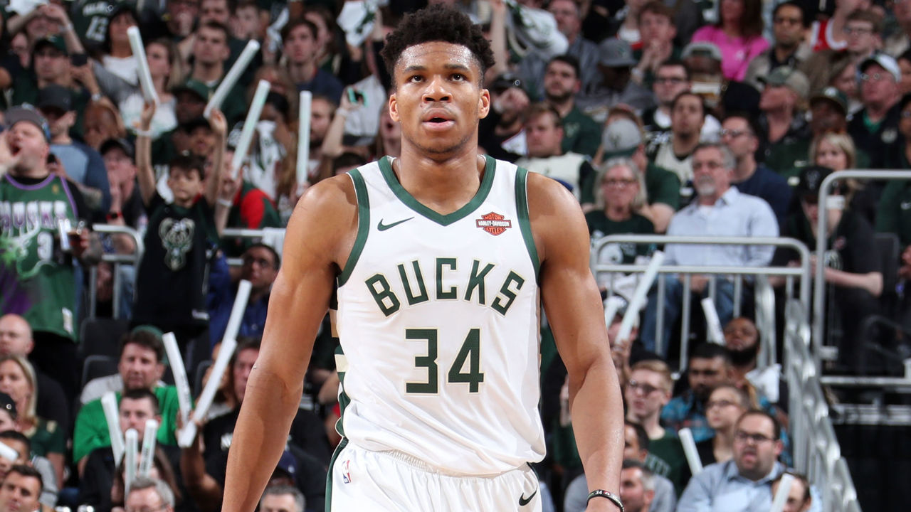 MILWAUKEE, WI - MAY 23: Giannis Antetokounmpo #34 of the Milwaukee Bucks looks on against the Toronto Raptors during Game Five of the Eastern Conference Finals of the 2019 NBA Playoffs on May 23, 2019 at the Fiserv Forum Center in Milwaukee, Wisconsin. Mandatory Copyright Notice: Copyright 2019 NBAE .