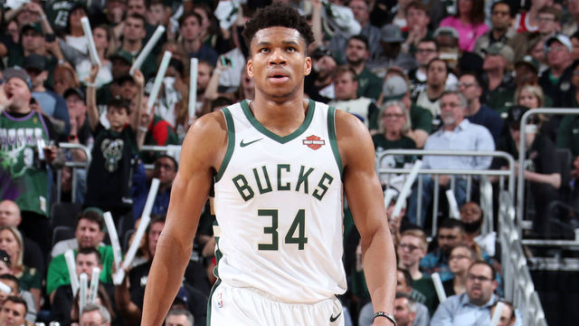 MILWAUKEE, WI - MAY 23: Giannis Antetokounmpo #34 of the Milwaukee Bucks looks on against the Toronto Raptors during Game Five of the Eastern Conference Finals of the 2019 NBA Playoffs on May 23, 2019 at the Fiserv Forum Center in Milwaukee, Wisconsin. Mandatory Copyright Notice: Copyright 2019 NBAE .