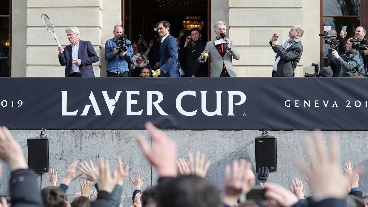 GENEVA, SWITZERLAND - FEBRUARY 08: Roger Federer of Switzerland and Bjorn Borg, Captain of Team Europe hit tennis balls into the crowd, where the fans that catch them win tickets to the Laver Cup, following the press conference at Palais Eynard on February 08, 2019 in Geneva, Switzerland.