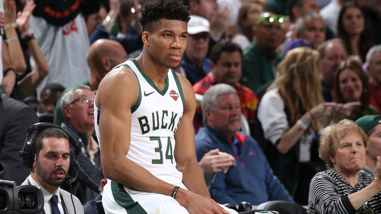 MILWAUKEE, WI - MAY 23: Giannis Antetokounmpo #34 of the Milwaukee Bucks looks on against the Toronto Raptors during Game Five of the Eastern Conference Finals on May 23, 2019 at the Fiserv Forum in Milwaukee, Wisconsin. NOTE TO USER: User expressly acknowledges and agrees that, by downloading and/or using this photograph, user is consenting to the terms and conditions of the Getty Images License Agreement. Mandatory Copyright Notice: Copyright 2019 NBAE