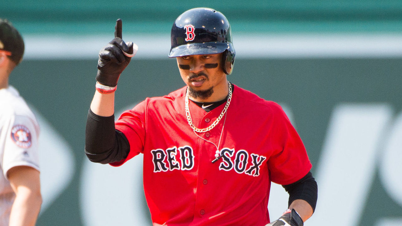 BOSTON, MA - MAY 19: Mookie Betts #50 of the Boston Red Sox reacts after doubling in the fifth inning against the Houston Astros at Fenway Park on May 19, 2019 in Boston, Massachusetts.