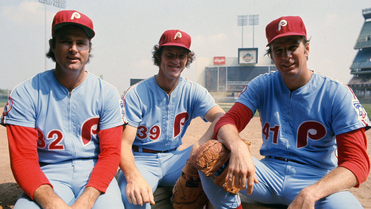 NEW YORK - CIRCA 1976: Pitchers ((L-R) Steve Carlton #32, Jim Kaat #39 and Jim Lonborg #41 of the Philadelphia Phillies pose together for this photo before an Major League Baseball game against the New York Mets circa 1976 at Shea Stadium in the Queens borough of New York City.