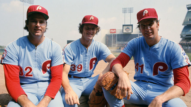 NEW YORK - CIRCA 1976: Pitchers ((L-R) Steve Carlton #32, Jim Kaat #39 and Jim Lonborg #41 of the Philadelphia Phillies pose together for this photo before an Major League Baseball game against the New York Mets circa 1976 at Shea Stadium in the Queens borough of New York City.