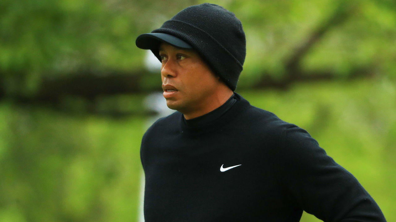 BETHPAGE, NEW YORK - MAY 14: Tiger Woods of the United States looks on from the practice green during a practice round prior to the 2019 PGA Championship at the Bethpage Black course on May 14, 2019 in Bethpage, New York.