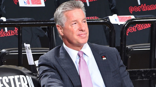 PORTLAND, OR - MAY 18: Neil Olshey attends Game Three of the Western Conference Finals between the Golden State Warriors and Portland Trail Blazers on May 18, 2019 at the Moda Center in Portland, Oregon. NOTE TO USER: User expressly acknowledges and agrees that, by downloading and/or using this photograph, user is consenting to the terms and conditions of the Getty Images License Agreement. Mandatory Copyright Notice: Copyright 2019 NBAE