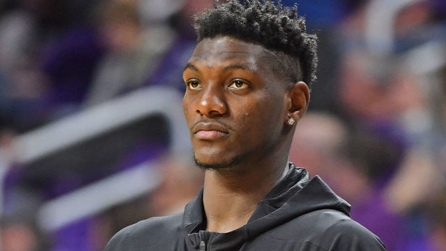 MANHATTAN, KS - FEBRUARY 05: Silvio De Sousa #22 of the Kansas Jayhawks watches his teammates warm up prior to a game against the Kansas State Wildcats on February 5, 2019 at Bramlage Coliseum in Manhattan, Kansas.