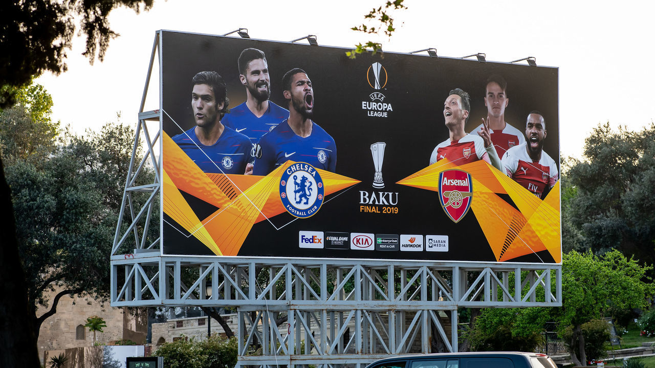 BAKU, AZERBAIJAN - MAY 13: A Billboard for the UEFA Europa League Final 2019 between Chelsea FC and Arsenal FC is seen on May 13, 2019 in Baku, Azerbaijan.