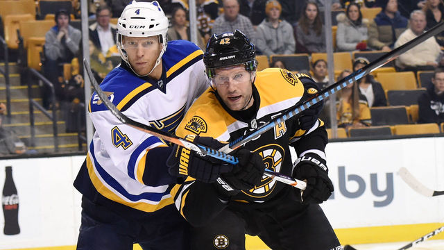 BOSTON, MA - NOVEMBER 22: David Backes #42 of the Boston Bruins watches the play against Carl Gunnarsson #4 of the St. Louis Blues at the TD Garden on November 22, 2016 in Boston, Massachusetts.