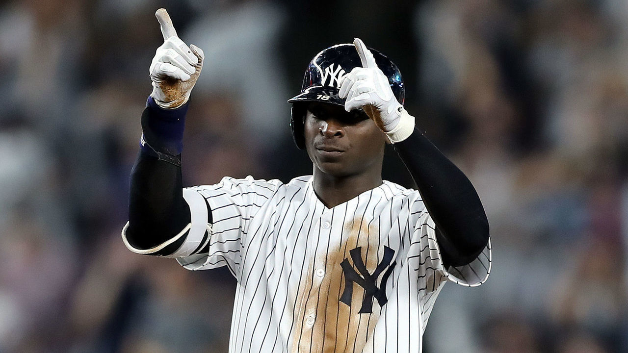 NEW YORK, NEW YORK - OCTOBER 09: Didi Gregorius #18 of the New York Yankees reacts after a double in the fourth inning against the Boston Red Sox during Game Four American League Division Series at Yankee Stadium on October 09, 2018 in the Bronx borough of New York City.
