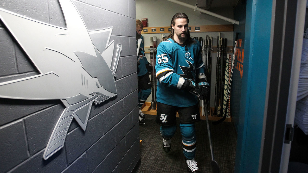 SAN JOSE, CA - MAY 19: Erik Karlsson #65 of the San Jose Sharks takes the ice for warmups against the St. Louis Blues in Game Five of the Western Conference Final during the 2019 NHL Stanley Cup Playoffs at SAP Center on May 19, 2019 in San Jose, California