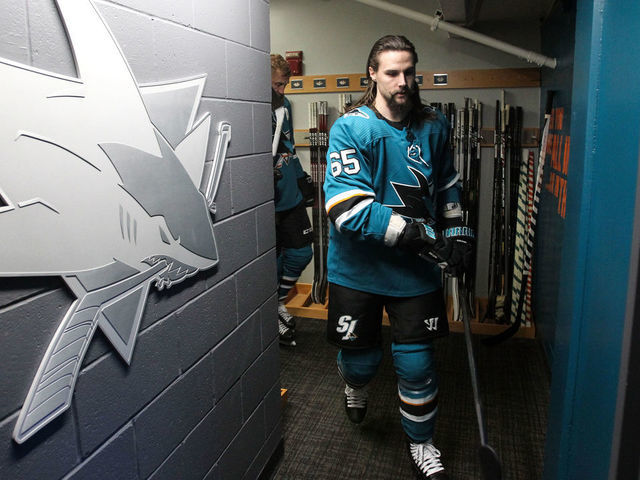 SAN JOSE, CA - MAY 19: Erik Karlsson #65 of the San Jose Sharks takes the ice for warmups against the St. Louis Blues in Game Five of the Western Conference Final during the 2019 NHL Stanley Cup Playoffs at SAP Center on May 19, 2019 in San Jose, California