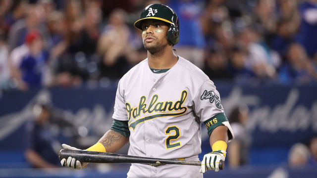 TORONTO, ON - APRIL 26: Khris Davis #2 of the Oakland Athletics reacts after striking out in the fourth inning during MLB game action against the Toronto Blue Jays at Rogers Centre on April 26, 2019 in Toronto, Canada.