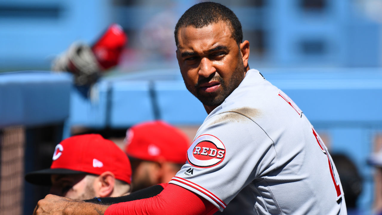 LOS ANGELES, CA - APRIL 17: Cincinnati Reds outfielder Matt Kemp (27) looks on during a MLB game between the Cincinnati Reds and the Los Angeles Dodgers on April 17, 2019 at Dodger Stadium in Los Angeles, CA.