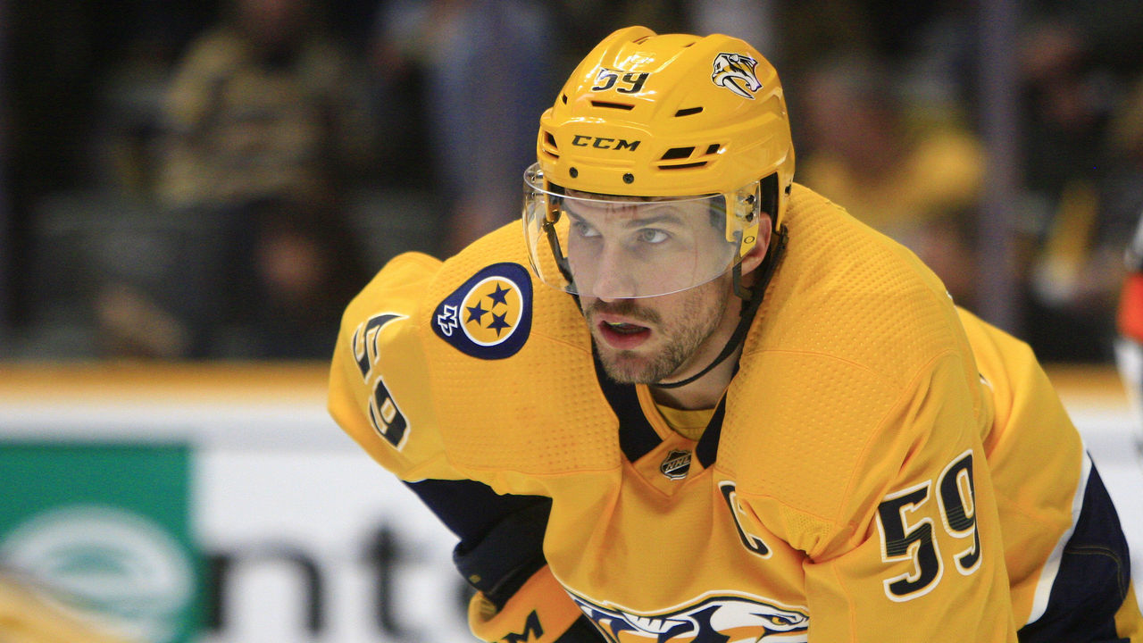NASHVILLE, TN - MARCH 21: Nashville Predators defenseman Roman Josi (59) is shown during the NHL game between the Nashville Predators and Pittsburgh Penguins, held on March 21, 2019, at Bridgestone Arena in Nashville, Tennessee.