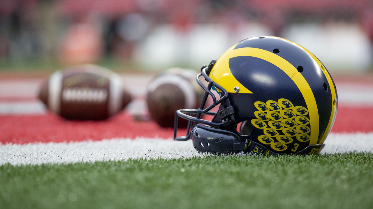 COLUMBUS, OH - NOVEMBER 24: Michigan Wolverines place kicker Quinn Nordin (3) helmet on the field before the game against the Ohio State Buckeyes at Ohio Stadium on November 24, 2018.