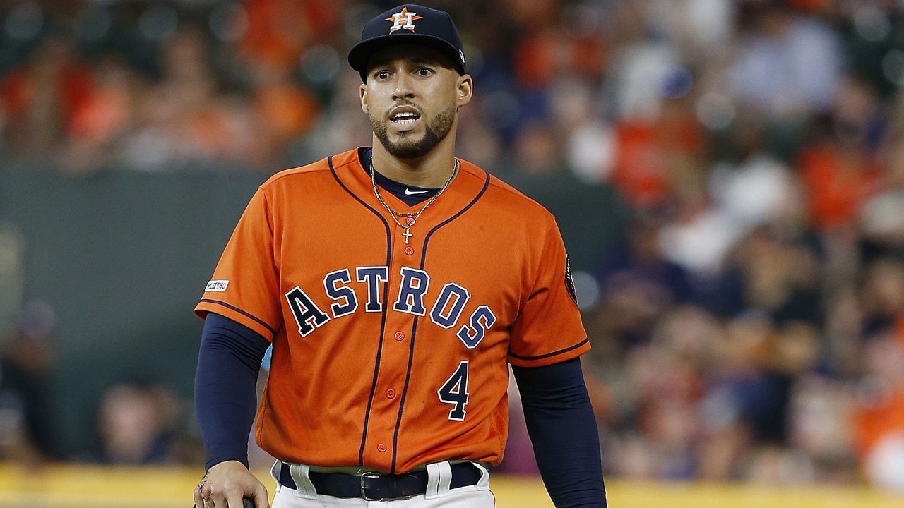 HOUSTON, TEXAS - MAY 24: George Springer #4 of the Houston Astros leaves the game in the eighth inning with an unknown injury against the Boston Red Sox game at Minute Maid Park on May 24, 2019 in Houston, Texas.