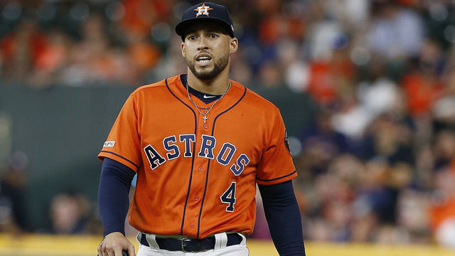 HOUSTON, TEXAS - MAY 24: George Springer #4 of the Houston Astros leaves the game in the eighth inning with an unknown injury against the Boston Red Sox game at Minute Maid Park on May 24, 2019 in Houston, Texas.
