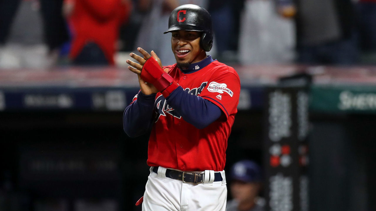 CLEVELAND, OH - MAY 24: Cleveland Indians shortstop Francisco Lindor (12) celebrates after scoring a run during the eighth inning of the Major League Baseball game between the Tampa Bay Rays and Cleveland Indians on May 24, 2019, at Progressive Field in Cleveland, OH.