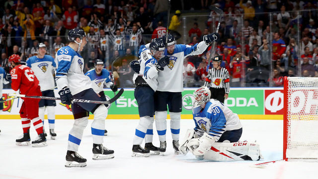 BRATISLAVA, SLOVAKIA - MAY 25: Kevin Lankinen #30, goaltender of Finland celebrate with his team mates victory over Russia the 2019 IIHF Ice Hockey World Championship Slovakia semi final game between Russia and Finland at Ondrej Nepela Arena on May 25, 2019 in Bratislava, Slovakia.