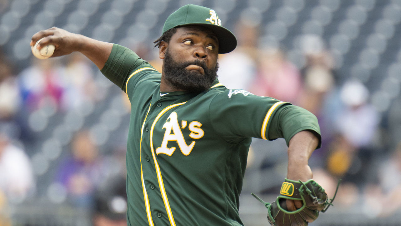 PITTSBURGH, PA - MAY 05: Oakland Athletics relief pitcher Fernando Rodney (56) throws a pitch in the thirteenth inning during the MLB baseball game between the Oakland Athletics and the Pittsburgh Pirates on May 05, 2019 at PNC Park in Pittsburgh, PA.