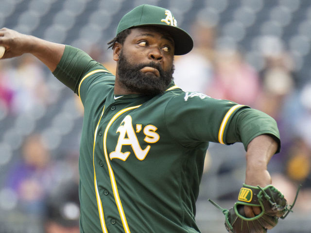 PITTSBURGH, PA - MAY 05: Oakland Athletics relief pitcher Fernando Rodney (56) throws a pitch in the thirteenth inning during the MLB baseball game between the Oakland Athletics and the Pittsburgh Pirates on May 05, 2019 at PNC Park in Pittsburgh, PA.