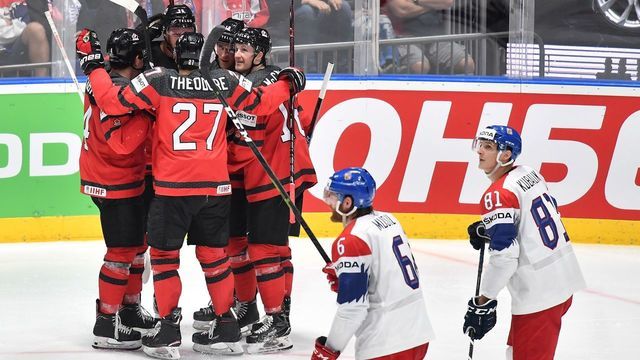 Canada's players celebrate scoring the 4-0 during the IIHF Men's Ice Hockey World Championships semi-final match between Canada and Czech Republic on May 25, 2019 at the Ondrej Nepela Arena in Bratislava, Slovakia.