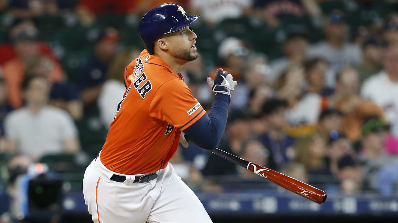 HOUSTON, TEXAS - MAY 24: George Springer #4 of the Houston Astros flies out to center field in the first inning against the Boston Red Sox at Minute Maid Park on May 24, 2019 in Houston, Texas.